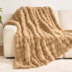 Andency Faux Fur Twin Size Blanket for Couch, Soft Cozy Bubble Blankets for Women, Girls, Fluffy Fuzzy Throw Blanket for Living Room, Sofa, Bed, 60x80 Inches, Khaki