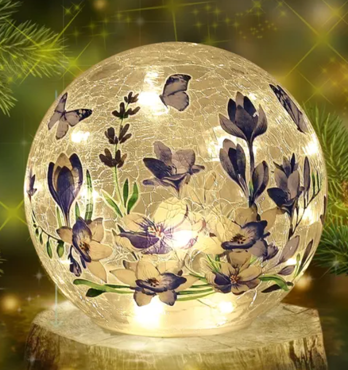 Crackle Glass Ball Light Butterfly Floral Pattern LED Night Light Indoor Tabletop Decorative Sphere Lamp for Home Decor Christmas Birthday Wedding Girls Women's Gift (1 Pack)