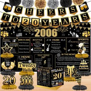 20th Birthday Decorations for Her Him, 18PCS Black Gold Back in 2006 Banner Decorations, Bday Backdrop, 20 Year Old Banner for Daughter Son, Birthday Card, 6 Paper Poms 9 Honeycomb Balls