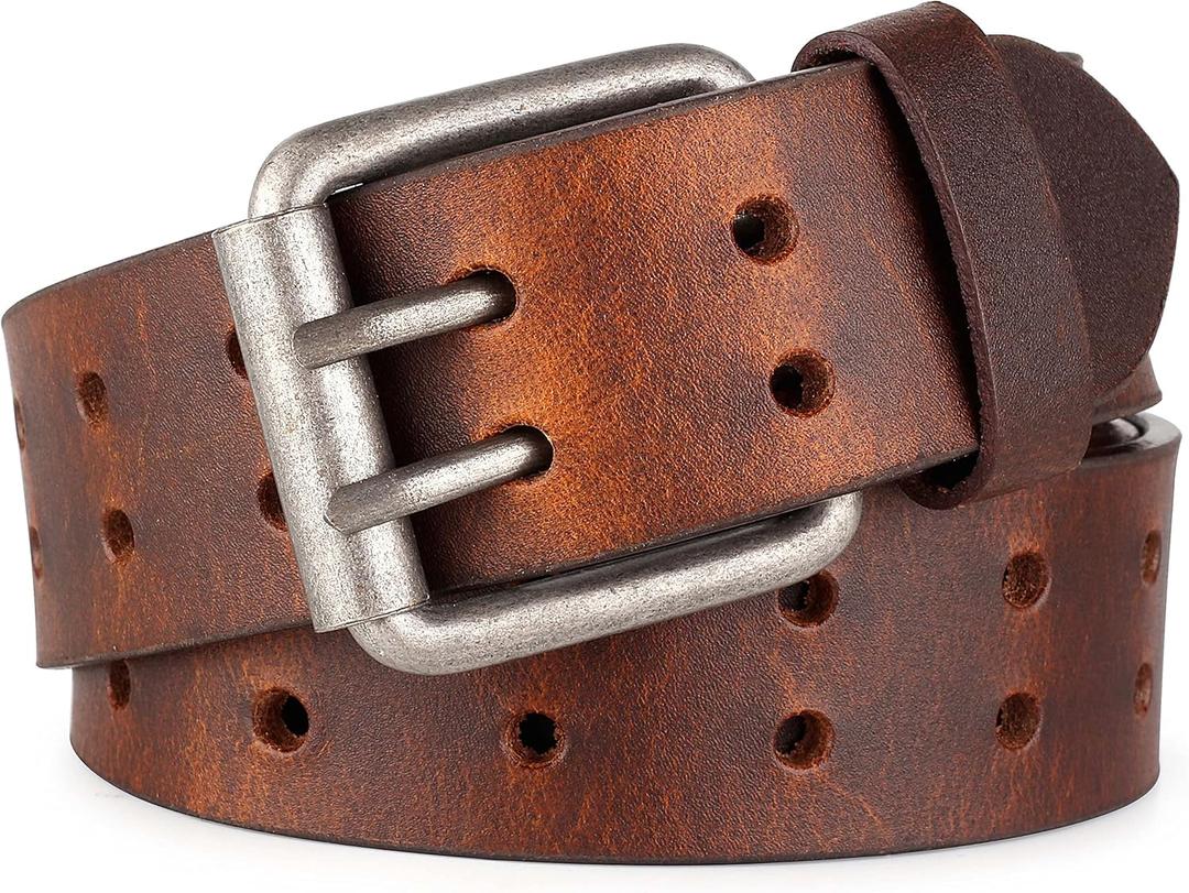 F&L CLASSIC Leather Work Belt, Heavy Duty Double Prong full grain Leather Belts for Men 1 1/2", Mens Casual Belts for Jeans (34 (Fits Waist 32"-33"), Vintage-brown)