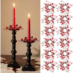 Canlierr 12 Pcs Valentines Taper Candle Rings Wreaths Decorations 1.77 Inch Mini Red Heart Taper Candleholder Wreaths for Valentines Holiday Wedding Home Table Centerpiece Candlesticks Decor