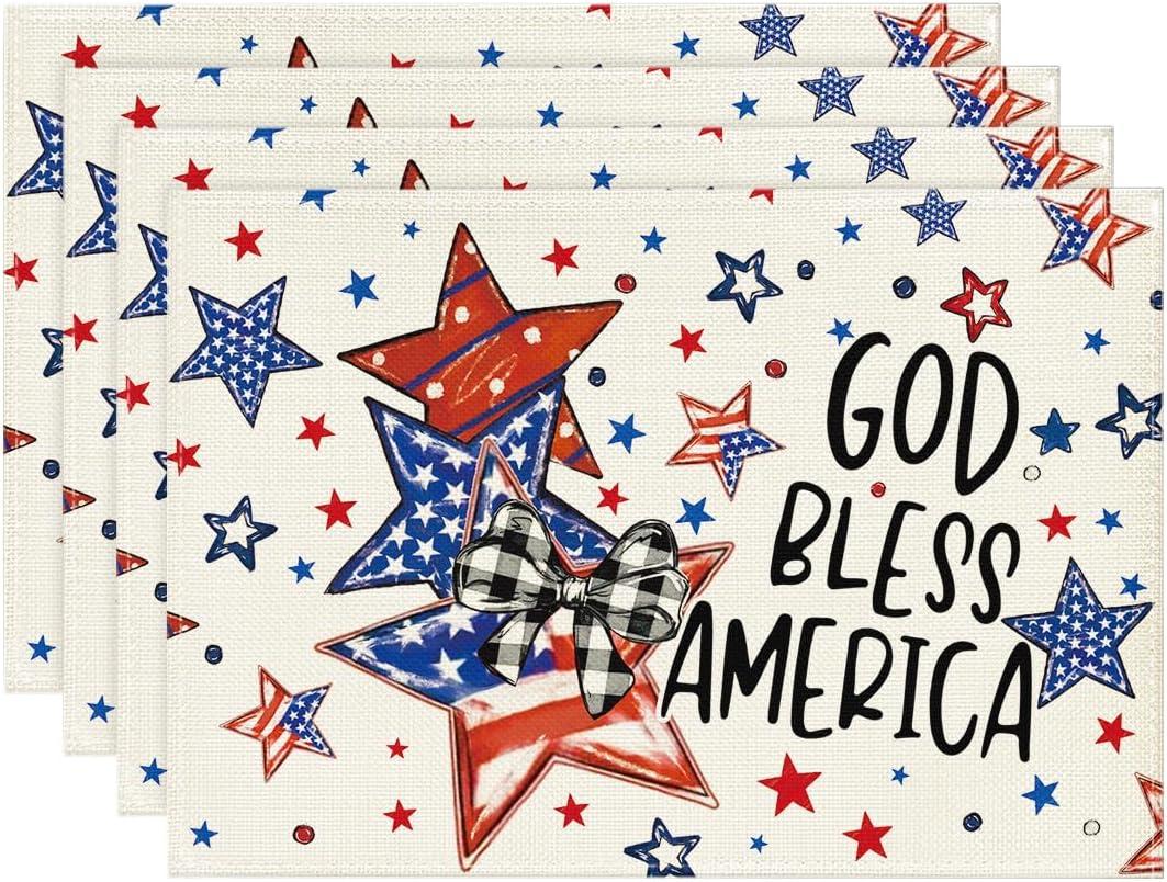Artoid Mode God Bless America Stars Patriotic 4th of July Placemats Set of 4, 12x18 Inch Memorial Day Table Mats for Dining Decoration