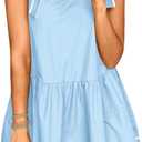 Wenrine Womens Summer V Neck Mini Dress Tie Shoulder Sleeveless Contrast Loose Casual Beach Dresses (Blue)