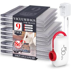 VMstr Vacuum Seal Bags for Clothing Travel, Carry-on Size for Luggage Compression Packing, Space Bags with High Pressure Electric Pump (DC Power) 9-Pack Combo Size Travel Set