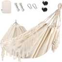 Bellzacasa Double Hammock, Heavy Duty 500 lb Load Capacity Tassels and Fishtail Knitting with Mounting Straps for Outdoor Camping Patio Balcony Beige