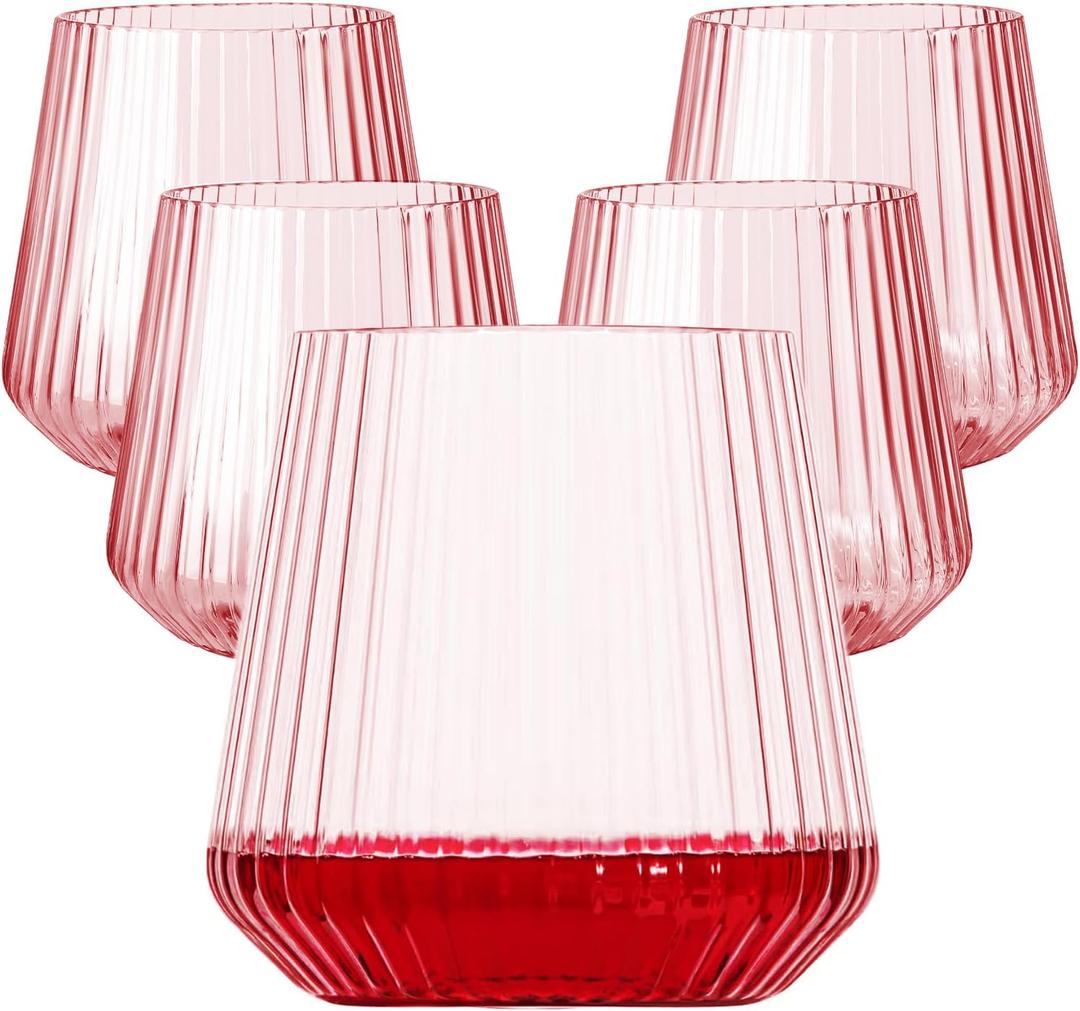 Lueumxc 40 Pack Plastic Ribbed Wine Glasses, 14Oz Origami Disposable Wine Glasses Unbreakable Clear Plastic Cocktail Glasses Recyclable Shatterproof Reusable Wine Cups (14oz-pink-40pack)