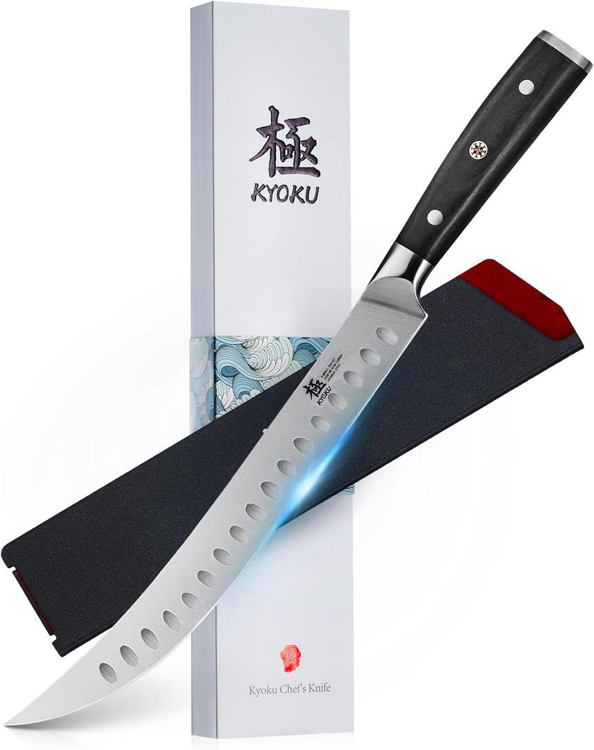 KYOKU 10" Scimitar Knife, Samurai Series Cimitar Breaking Knife with Pakkawood Handle, Japanese Style High Carbon Steel Butcher Knife, Full Tang Meat Slicing Knife for Roast Ham with Sheath and Case