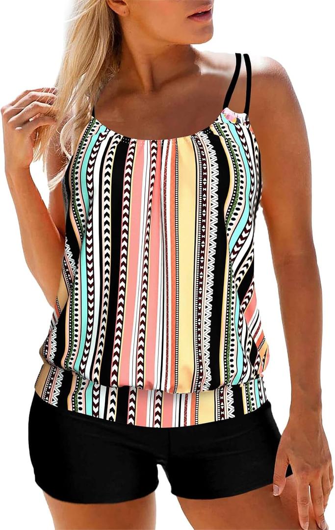 MODLILY Tummy Control Tankini Swimsuits for Women, Lightweight Bathing Suits Blouson Top with Boyshorts (Rainbow Striped, L)