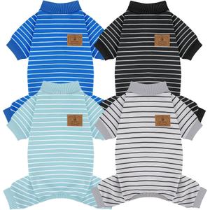 XPUDAC 4 Pack Dog Pajamas Striped Dog Clothes for Small Medium Dogs Girl Boy Comfy Puppy Outfit Doggy Jammies Onesie Pet Costume, Blue, Grey, Green, L