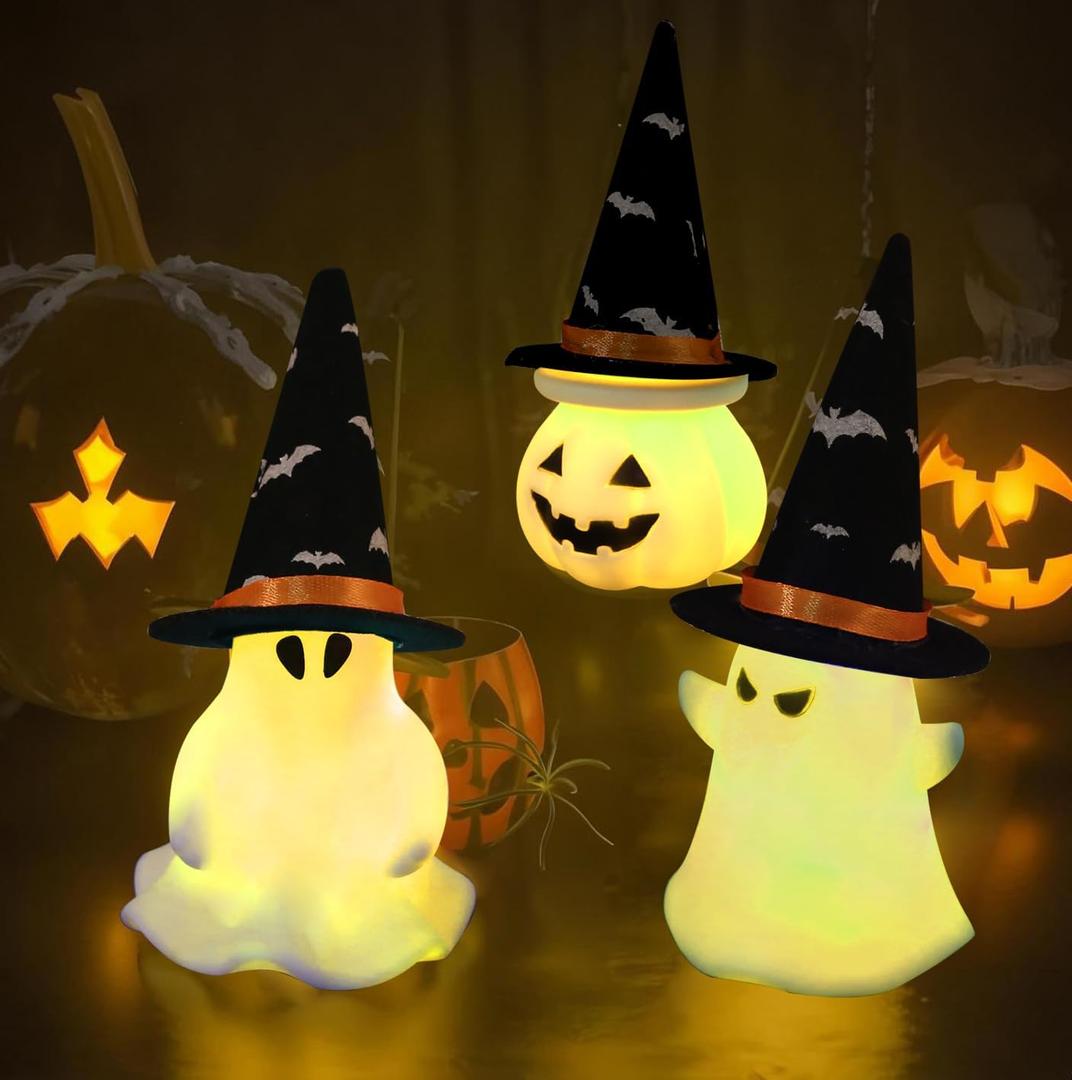 3 Pack Light Up Ghost Pumpkin Figurine Halloween Decorations, Spooky LED Lighted Ghost Statue with Witch Hats for Home Mantel Tabletop Party Holiday Decor