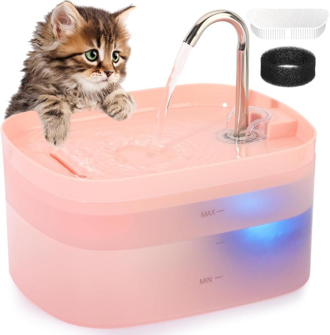 Cat Water Fountain, 84OZ/2.5L Cat Fountain, Super Silent Pet Water Fountain, Activated Carbon Filter, Translucent Pet Water Dispenser Suitable for Multiple Pets Family (Pink)