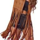 BEAUDRM Women's Fringe Vest Sleeveless 70s Hippie Faux Suede Trim Western Cowgirl Tassel Jacket Cardigan Deep Brown, X-Large