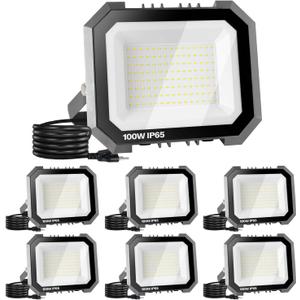 6 Pack LED Flood Lights Outdoor, 100W 10000LM Super Bright Floodlight Outside Work Light with 5.9FT Plug, IP65 Waterproof 6000K Outdoor LED Flood Light for Garage, Yard, Lawn, Garden