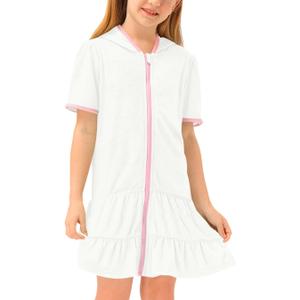 BesserBay Girls Summer Beach Quick Dry Cover Up Ruffle Hem Terry Smocked Hooded 4-14 Years with Pockets 160/XXL, Solid White