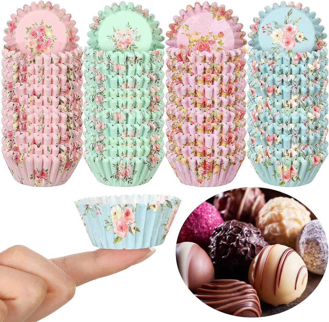 Sunnyray 600 Count Floral Mini Cupcake Liners for Baking Watercolor Flower Small Cupcake Liners Wrappers Tea Party Baking Paper for Shower Wedding Bridal Showers Birthday Party Decoration