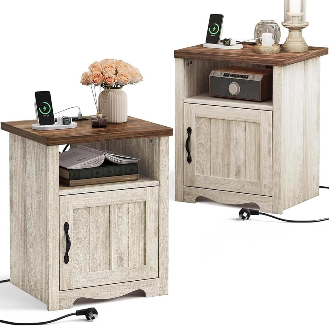 LINSY Farmhouse Night Stand Set of 2, 18.9 Wood End Table with Charging Station, Side Table for Bedroom, Living Room, Couch with USB Ports and Outlets, Nightstand with Storage, Beige