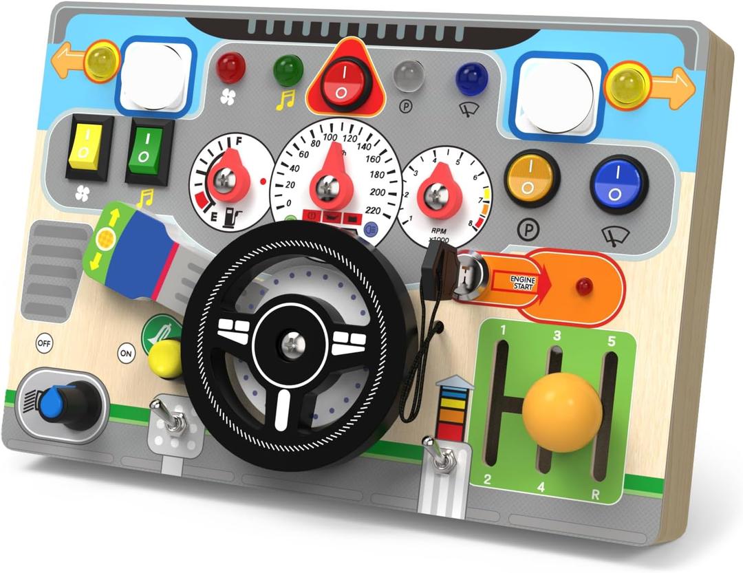 Toddlers Busy Board with Led Light Switch Montessori Wooden Educational Toys for Baby Boys Age 3 4 5 Year Old, Fidget Board Sensory Toy Preschool Learning Fine Motor Skills