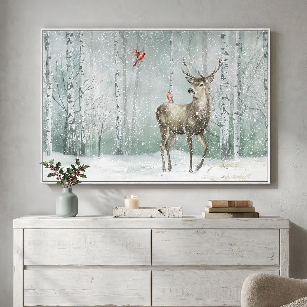 Framed Nature Landscape Wall Art, Large White Forest Canvas Prints Paintings Artwork for Walls, Modern Animal Deer and Bird Pictures for Living Room Bedroom Dining Room Hallway Wall Decor, 24x36 In