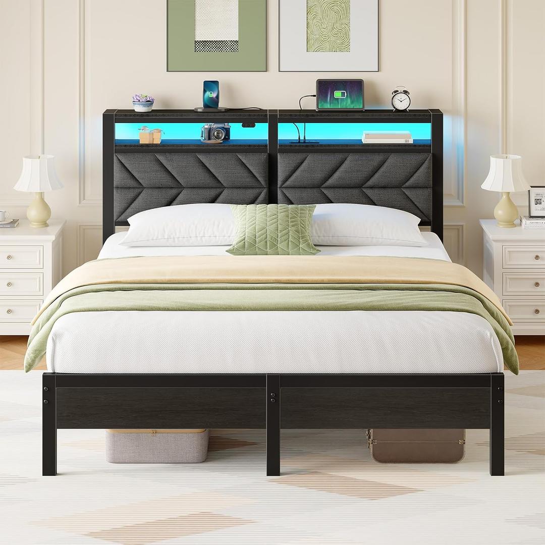 Seventable Full Size Bed Frame with Charging Station & LED Lights, Upholstered Headboard with Storage Shelves, Metal Platform with Under Bed Storage, No Box Spring Needed, Easy Assembly, Dark Grey