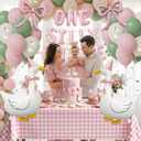 One Silly Goose 1st Birthday Table Decorations Girl Goose Balloons with Pink Bow, ONE SILLY GOOSE Foil Banner & Gingham Tablecloth, Cute Baby Girl Birthday Party Decor