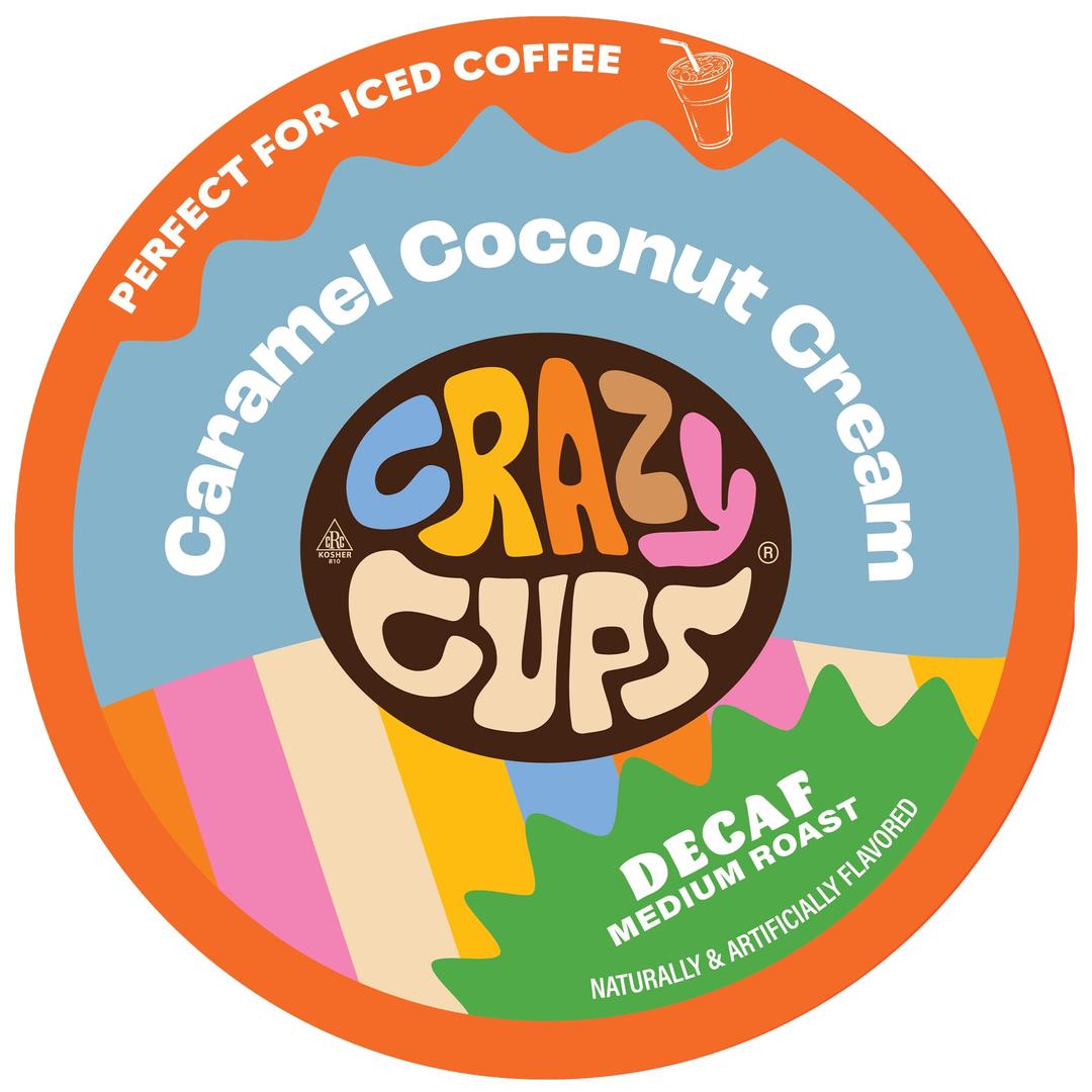 Crazy Cups Decaf Flavored Coffee Pods, Decaffeinated Coconut Caramelicious Flavored Coffee, Single Serve Hot or Iced Medium Roast Coffee for Keurig K Cups Machines, 22 Count (EXP 04/04/28)