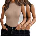 3 Pack Women's Sleeveless Mock Turtlenecks Shirts, Ribbed Stretch Slim Fitted Tank Top Basic Lightweight Bustier Tee (Large, White, Black, Brown)