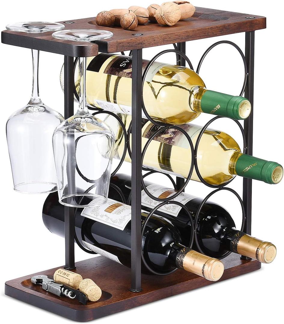 ALLCENER Wine Rack with Glass Holder, Countertop Wine Rack, Wooden Wine Holder with Tray, Perfect for Home Decor & Kitchen Storage Rack etc (Hold 6 Bottles and 2 Glasses)
