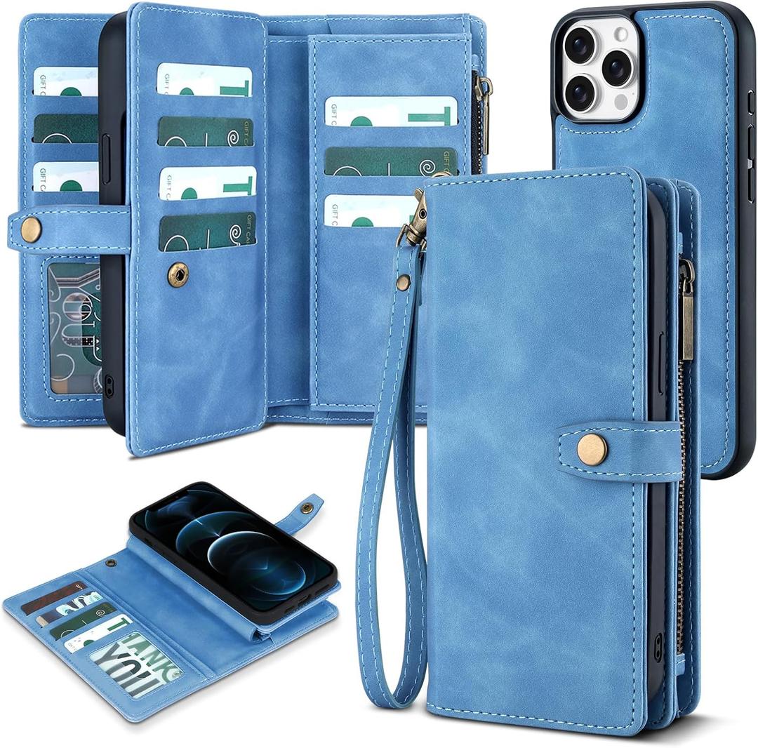 TwoHead for iPhone 12 Pro Max Wallet Case with Card Holder, Detachable Magnetic 12 Pro Max Phone Case, PU Leather Shockproof Protective Cover Wallet for Women/Men, 6.7IN, Sky Blue