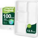 Tinybee 100% Compostable 5 Compartment Paper Plates 12.5 * 8.6 Inch [100-Pack] Large Heavy Duty Divided Disposable Eco-Friendly Bagasse Plates Lunch Trays for Buffet/Party/School (BPI-Certified) White