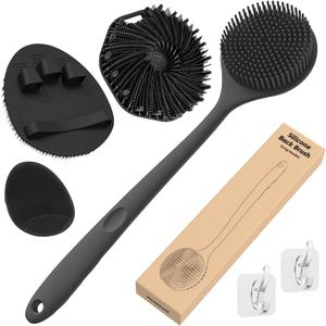 Manmihealth Silicone Back Scrubber & Soft Shower Face Brush Set 4 PCS(Thin Bristles), Super-Cleansing Body Scrubber & Strong Lathering Power Bath Glove Combination (Black)
