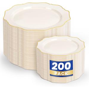 WDF 200PCS Ivory Plastic Plates with Gold Rim - Cream Plastic Plates - Include 100 Dinner & 100 Dessert Fancy Disposable Plate for Party - Heavy Duty Plate for Wedding/Baby Shower/Spring
