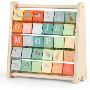FReniland Wooden Activity Cube - Double-Sided Abacus & Alphabet Flip Tiles for Toddlers 18M+, Educational Counting Toy for Preschool and Homeschool Learning