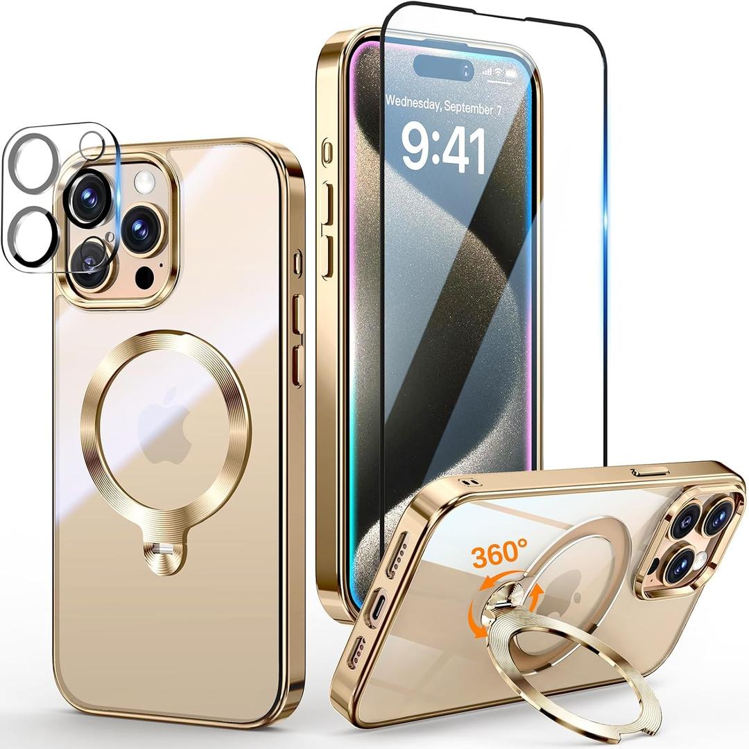 [Tri-Shield Protection] for iPhone 15 Pro Max Case with 360 Spin Stand Compatible with MagSafe [Magnetic CD Ring] [Screen & Camera Lens Protector] Shockproof Plating Never-Yellowing, Gold-6.7"