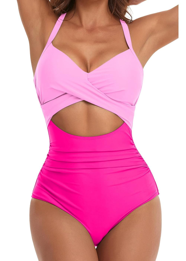 Women's One Piece Swimsuits Tummy Control V Neck Bikini Sexy Cutout High Waisted Bathing Suit Size S