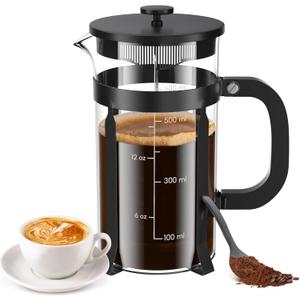 High - Quality 21 Ounce / 600ML French Press - Stainless Steel & Heatproof Glass, 4 - Filter Design - Make Cold Brew, Espresso, Coffee & Tea with Ease (Black)