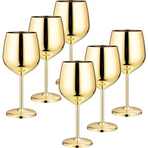 Set of 6 18 oz Stainless Steel Wine Glass Unbreakable Glasses for Travel, Camping and Pool Stemmed Metal Wine Glass Goblet for Outdoor Event Picnic Party Beach Pool Travel Wedding Anniversary (Gold)
