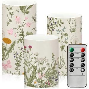 Baquler Wildflowers Floral Spring Glass Flameless Candles with Remote Timer Battery Operated LED Flickering Pillar Seasonal Summer Butterfly Dinner Holiday Decor
