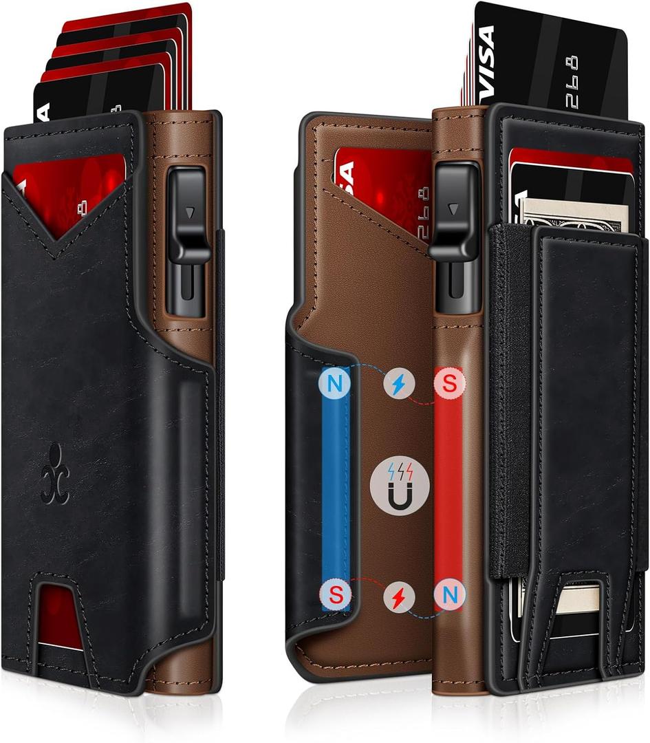 Wallet for Men Wallet with Slim Pop Up Card Holder 9-13 Cards, Bifold Minimalist Smart Wallet RFID Blocking Credit Card Holder with ID Window & Stretchable Cash Slot Compact Metal Aluminum Card Case (Black + Coffee Brown)