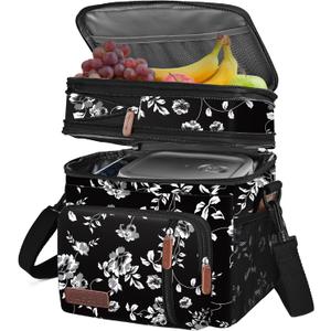 MIYCOO Lunch Bag & Lunch Box for Women Men, Double Deck Leakproof Insulated Soft Large Adult Camping Cooler bag for Work, Beach, Picnic, Travel (White Flower, 15L)