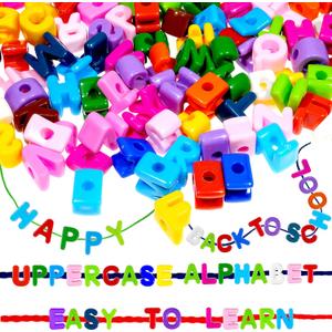 Bbiamsleep 212 Pcs Lacing Letters Beads, Colorful Mixed Uppercase Lacing Alphabet Beads with 12 Laces for Fine Motor Skills Spelling and Training