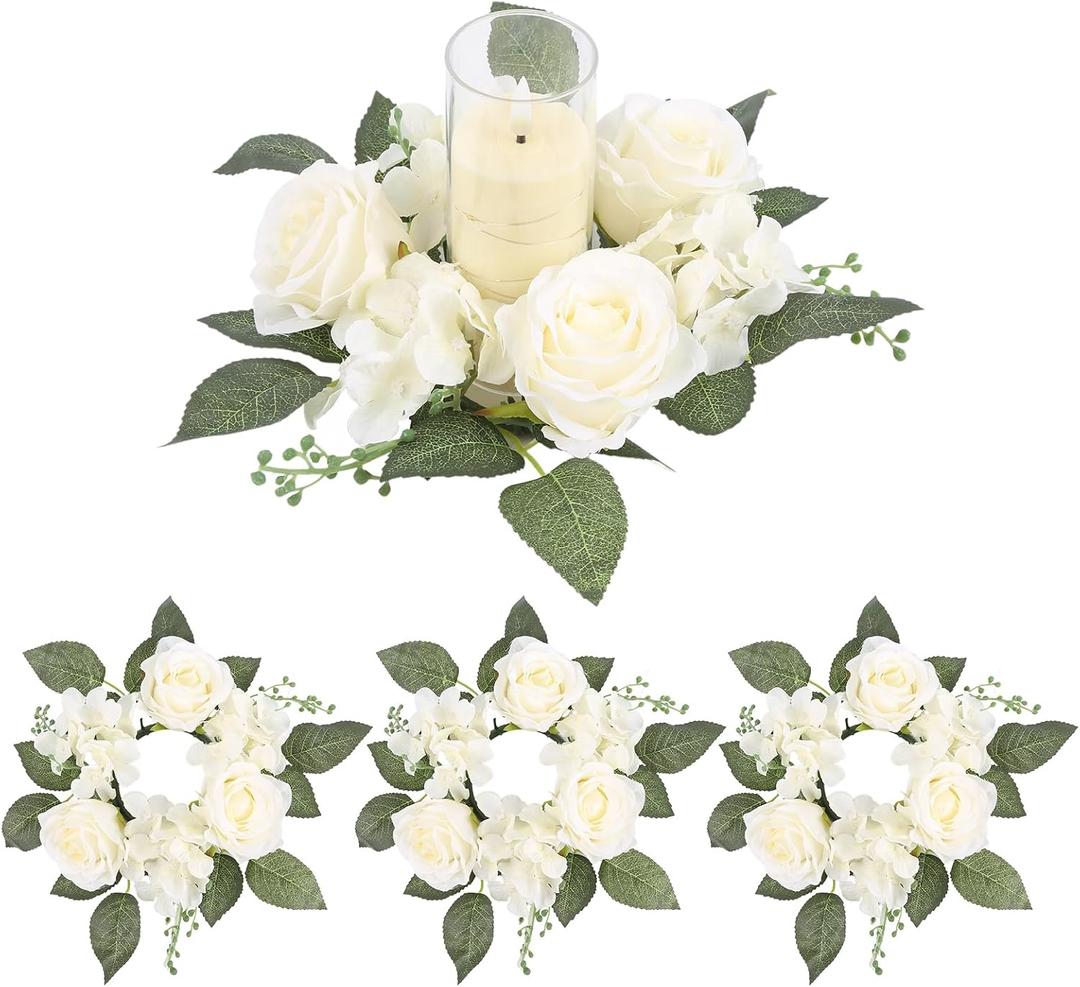 4PCS Candle Rings, Floral Candle Wreath Rings, Silk Roses Hydrangea Flowers Candle Wreaths Rings for Table Centerpieces Wedding Valentine's Day Party Decor (Cream White)