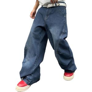 DFGIGT Men's Irregular Sutures Y2k Hip Hop Baggy Jeans Wide Leg Denim Pants Casual Loose Fit Trousers Streetwear (Blue,M)