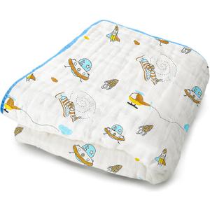 ZPECC Muslin Toddler Blanket Thicker, 47x47 Organic Cotton Kids Quilt Hypoallergenic for Baby Essentials Crib Stroller Daycare Cot, Spaceship