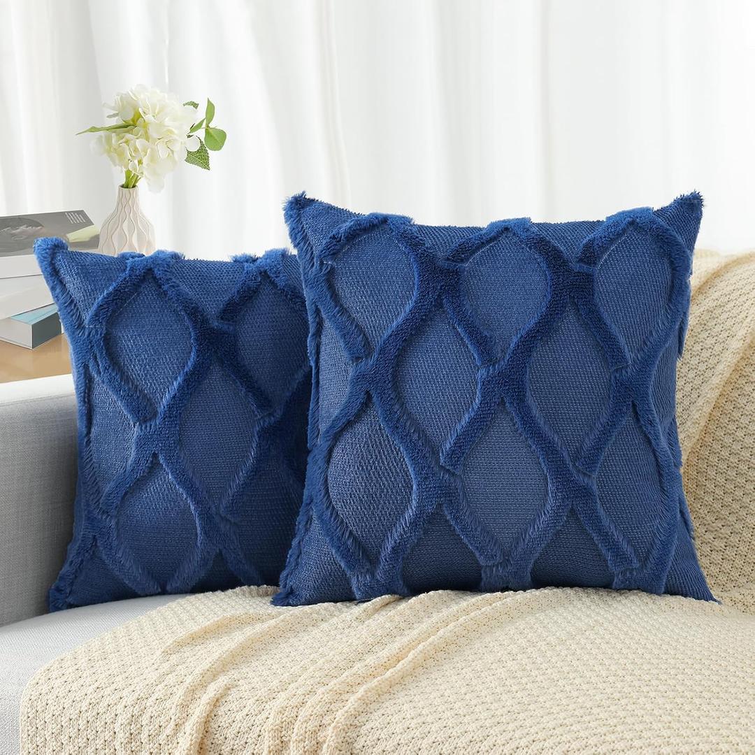 decorUhome Summer Throw Pillow Covers 16x16 Inch Set of 2, Soft Plush Faux Fur Wool Dark Blue Accent Couch Pillow Covers for Modern Farmhouse Bed Sofa Living Room