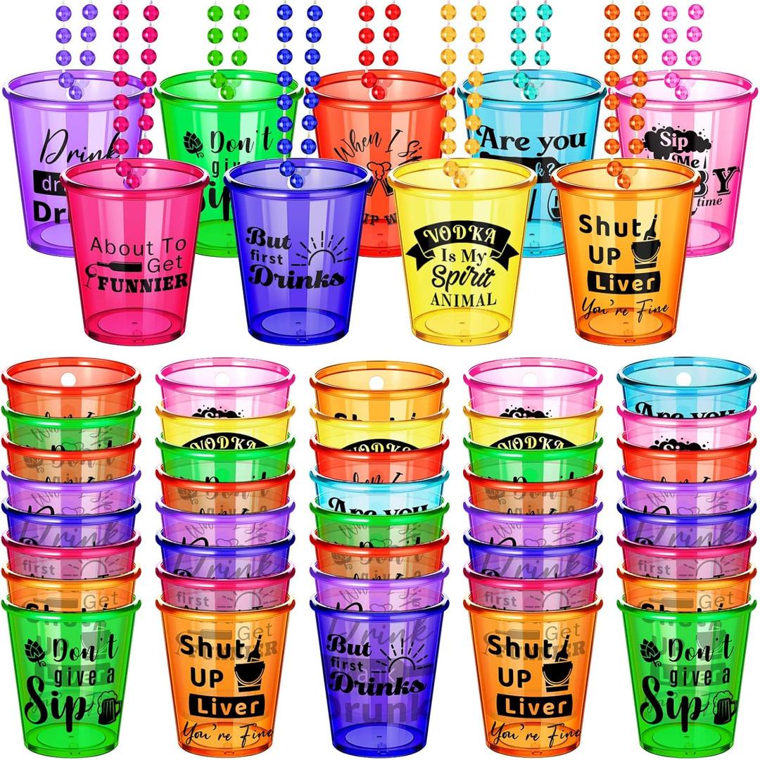 27 Pcs Shot Glass Necklaces Cups Bulk Plastic Shot Glass on Beaded Necklace Naughty for Adults and Teens Birthday Gifts Wedding Halloween Party Supplies