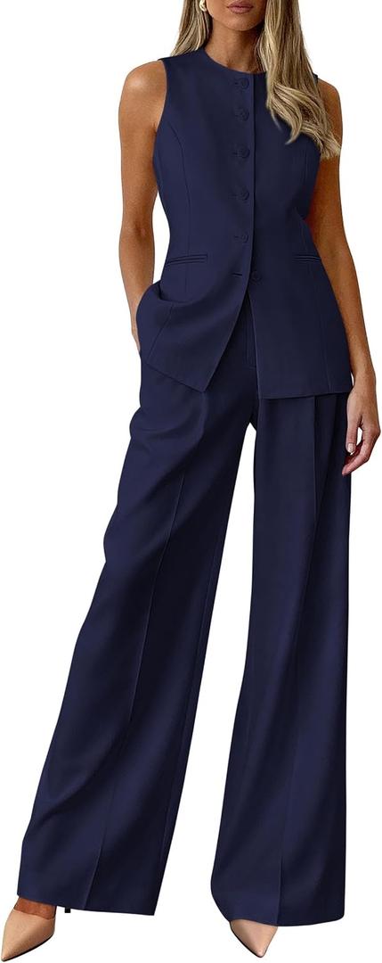 PRETTYGARDEN Women's 2 Piece Sets Summer 2026 Work Clothes Sleeveless Blazer Vest Pants Suits Spring Business Casual Outfits (Blue, S)