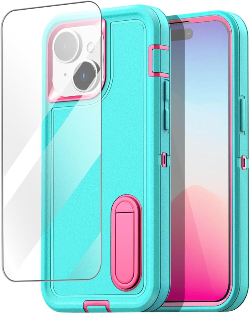 AICase for iPhone 15 Plus Case Built-in Stand with Glass Screen Protector,Heavy Duty Drop Protection Full Body Rugged Shockproof Military Protective Tough Durable Cover for iPhone 15 Plus 6.7"_3 (Water Blue/hot pink+Glass Protector)