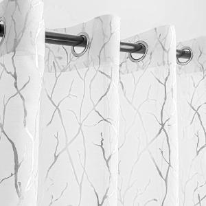 Kotile Silver White Sheer Curtains 84 Inches Long - Printed Classy Silver Tree Branch Curtains for Bedroom Grommet Top Window Tree Curtains for Living Room, 52 x 84 Inch, 2 Panels, Silver and White