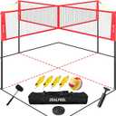 4 Square Volleyball Game Set, 3 Heights Adjustable 4-Way Volleyball Net with Vollyball, Pump, Carry Bag, Hammer, 14 FT 4 Person Net for Backyard Beach Lawn, Great for Family Fun