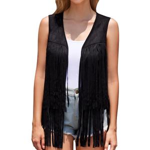 Women Western Black Fringe Vest Brown Cowgirl Sleeveless Faux Suede Tassel Vest 70s XL